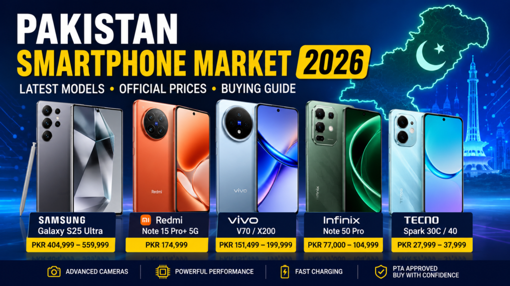 Latest smartphones available in Pakistan including Samsung, Redmi, Vivo, Infinix, and Tecno with official prices.