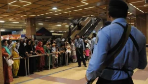 Pakistan Customs officials displaying seized US dollars and Pakistani rupees at Karachi airport.