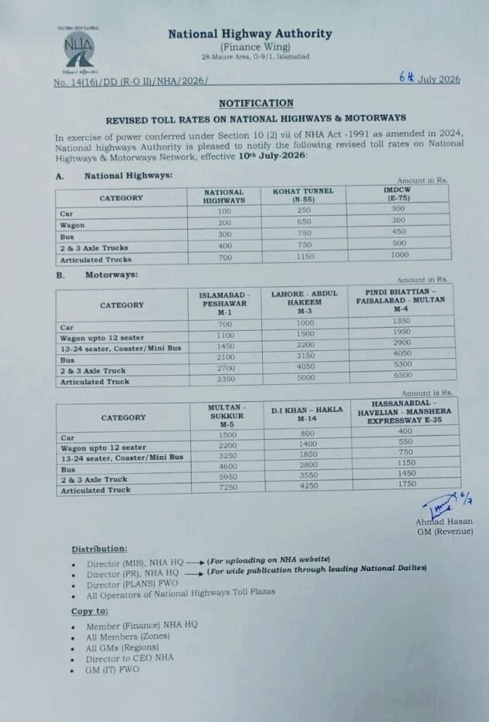 Pakistan Set to Raise Motorway Toll Tax Again? New NHA Notification Sparks Public Concern NHA