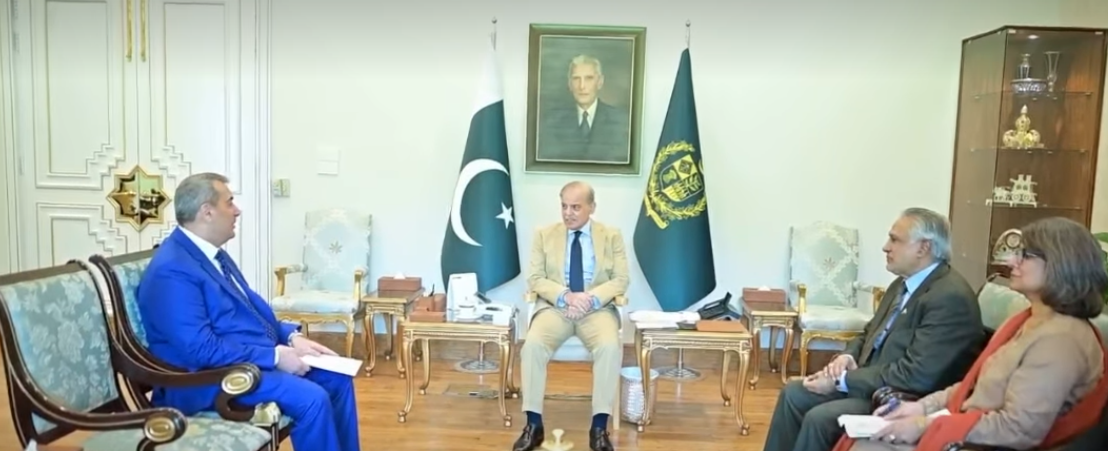 Prime Minister Shehbaz Sharif meeting outgoing Azerbaijani Ambassador Khazar Farhadov in Islamabad.