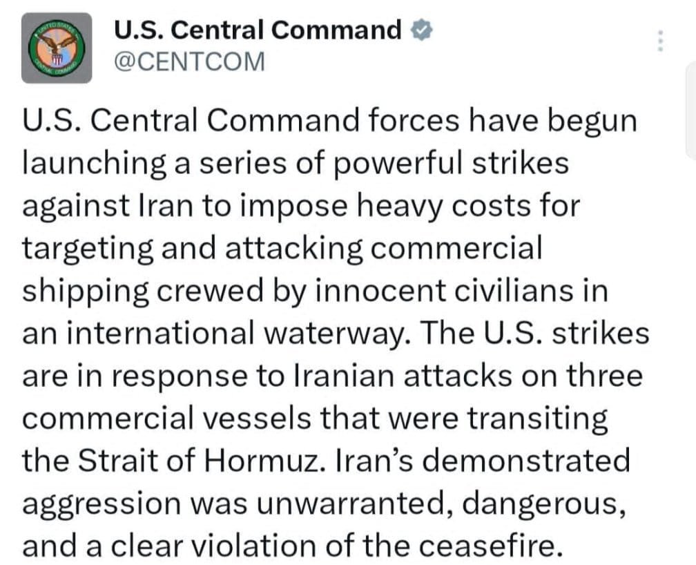 US Launches Powerful Strikes on Iran After Strait of Hormuz Shipping Attacks CENTCOM
