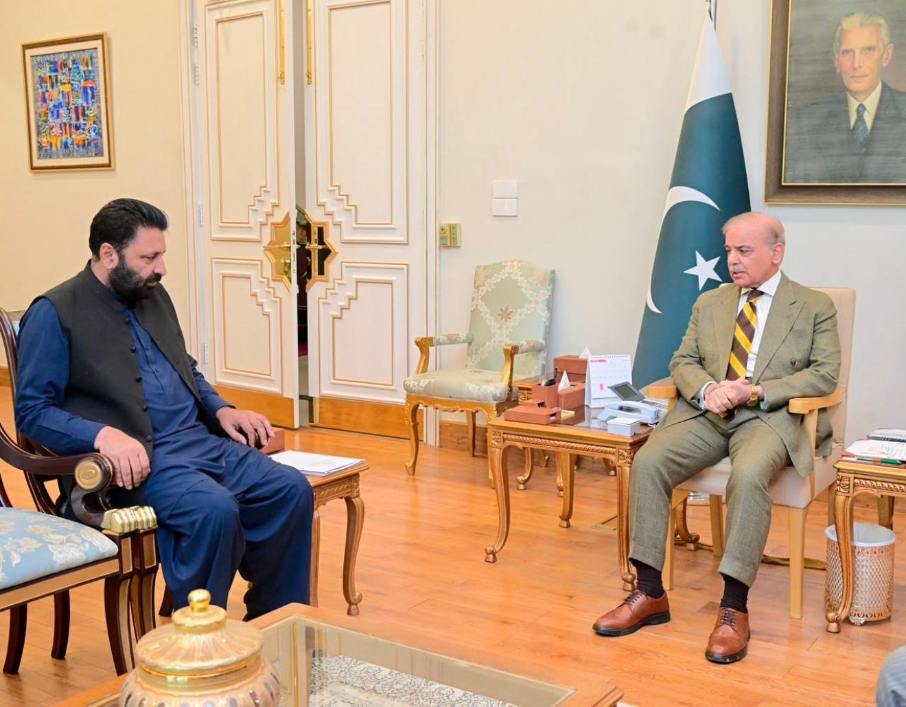 Prime Minister Shehbaz Sharif meeting newly elected Gilgit-Baltistan Chief Minister Amjad Hussain in Islamabad.