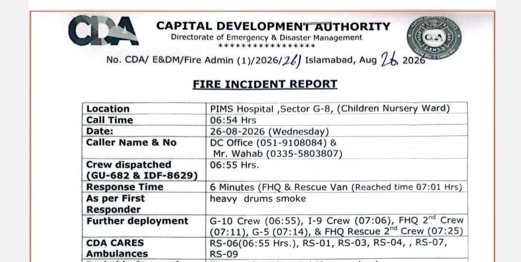 Firefighters and emergency responders outside PIMS Hospital in Islamabad after a deadly fire in the Mother and Child Health ward.