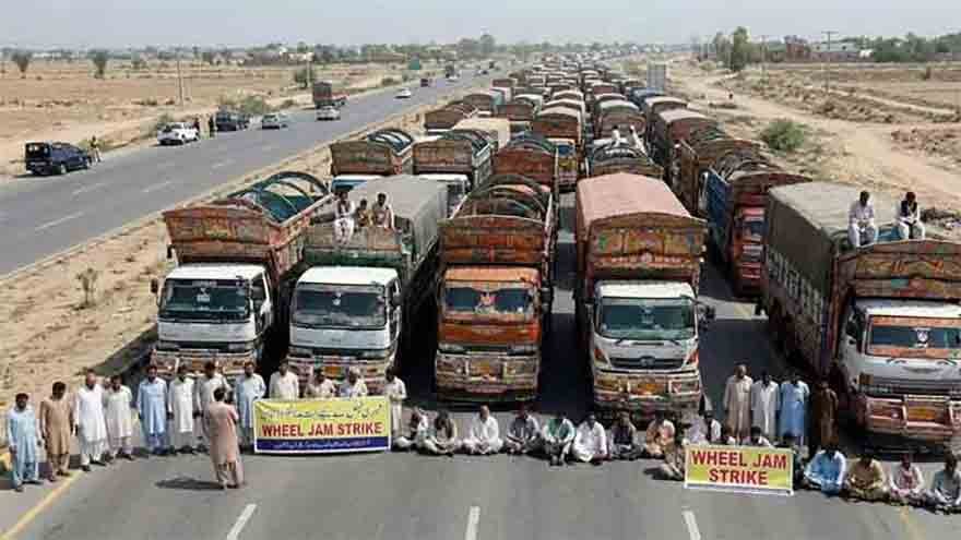 Goods trucks parked during Pakistan-wide transporters’ strike