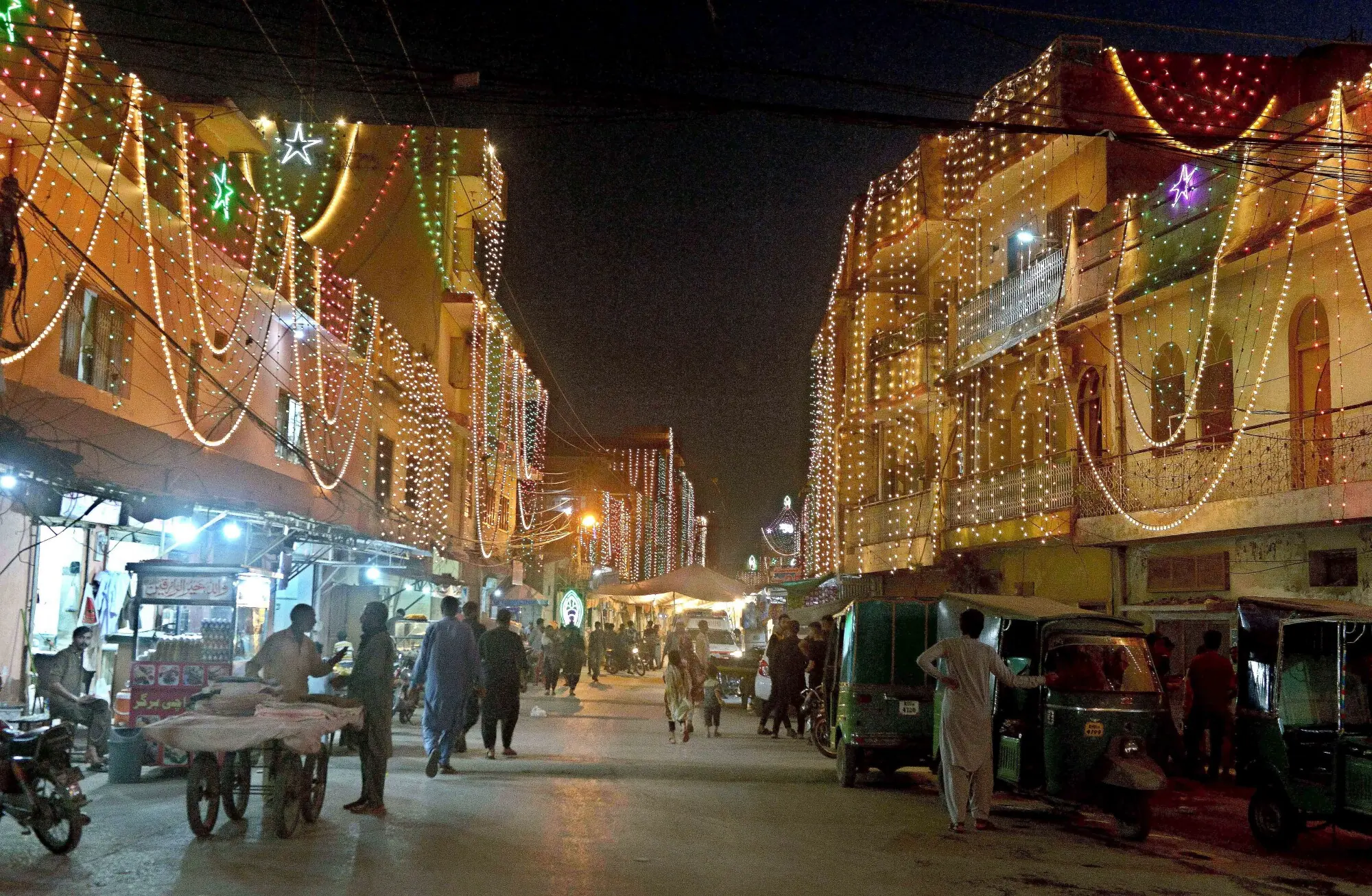 Eid Milad decorations and illuminated streets in Rawalpindi amid rising electricity costs