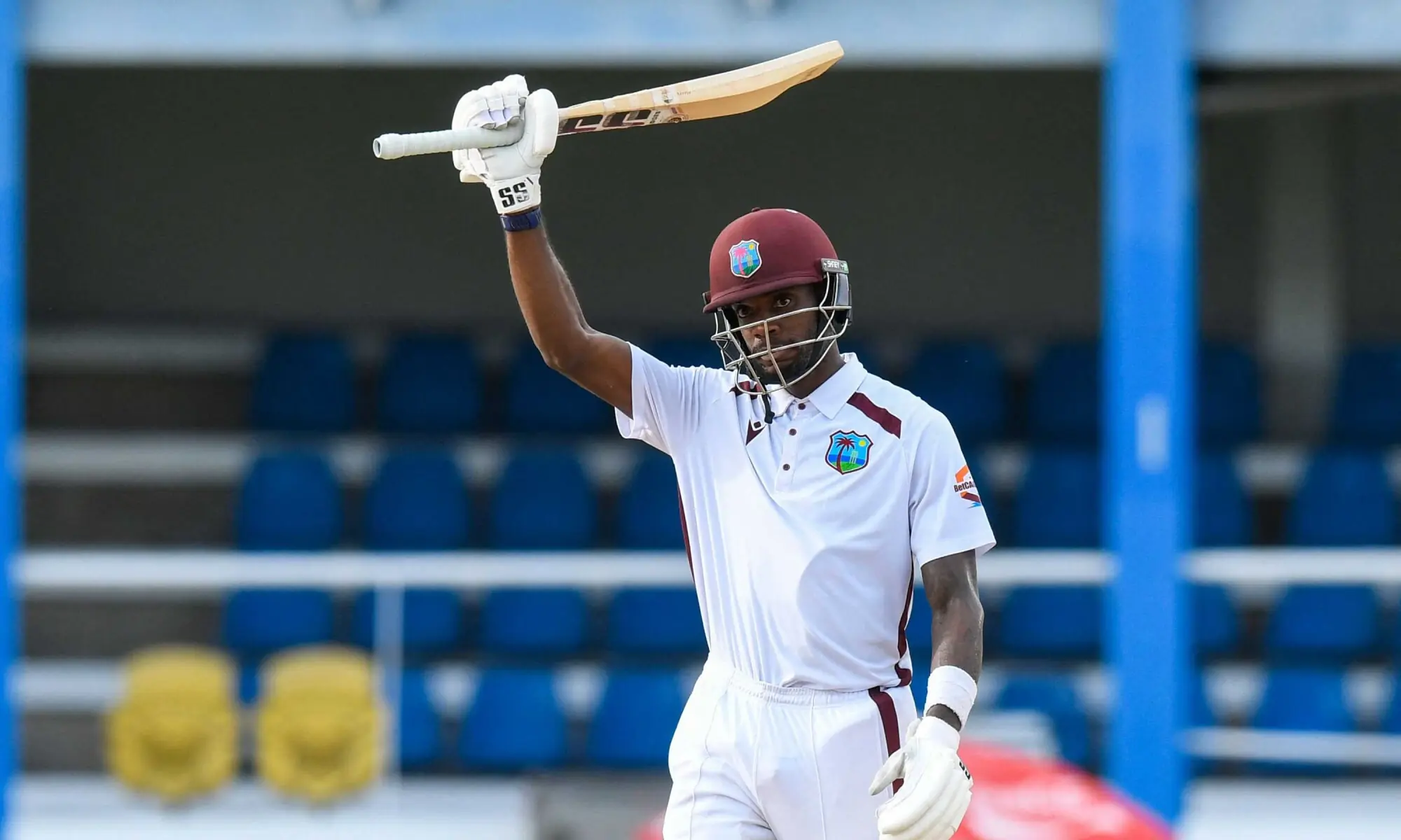 Justin Greaves celebrates his unbeaten half-century during the second Test against Pakistan in Port of Spain.