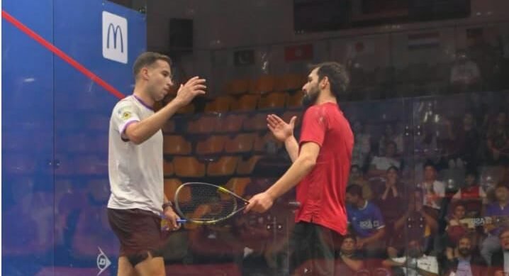 Pakistan's Nasir Iqbal celebrates after reaching the PN Fleet Club Open International Squash Championship final in Karachi.