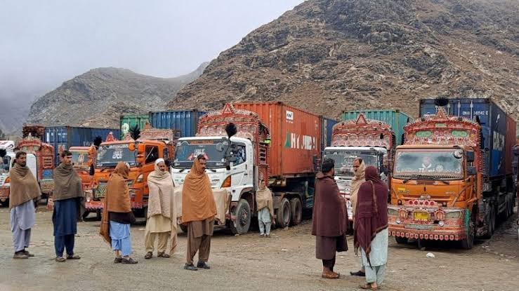 Goods transport trucks parked during nationwide strike in Pakistan