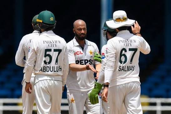 Pakistan spinner Sajid Khan celebrates after taking a wicket during the second Test against West Indies in Port of Spain.