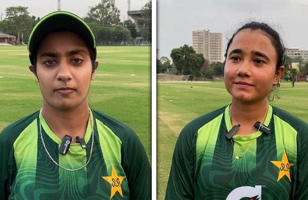 Pakistan women’s cricket team spinners Nashra Sandhu and Tuba Hassan during training in Lahore