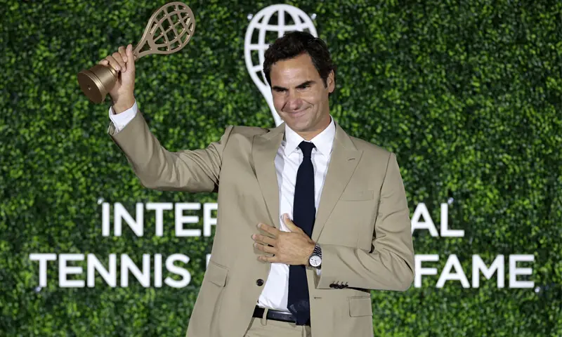 Roger Federer speaks at his International Tennis Hall of Fame induction ceremony in Newport.