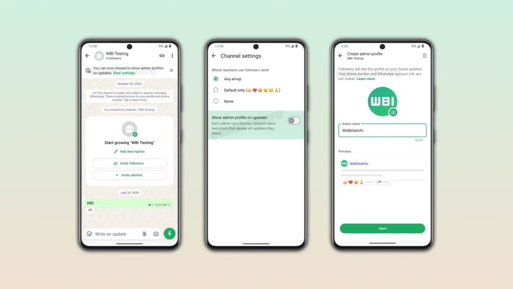 WhatsApp channel admin profile feature showing a separate name and profile photo for channel updates