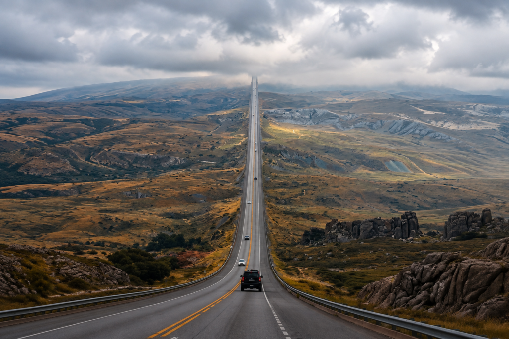 Wyoming Interstate 80 appearing to disappear into the clouds in a dramatic optical illusion