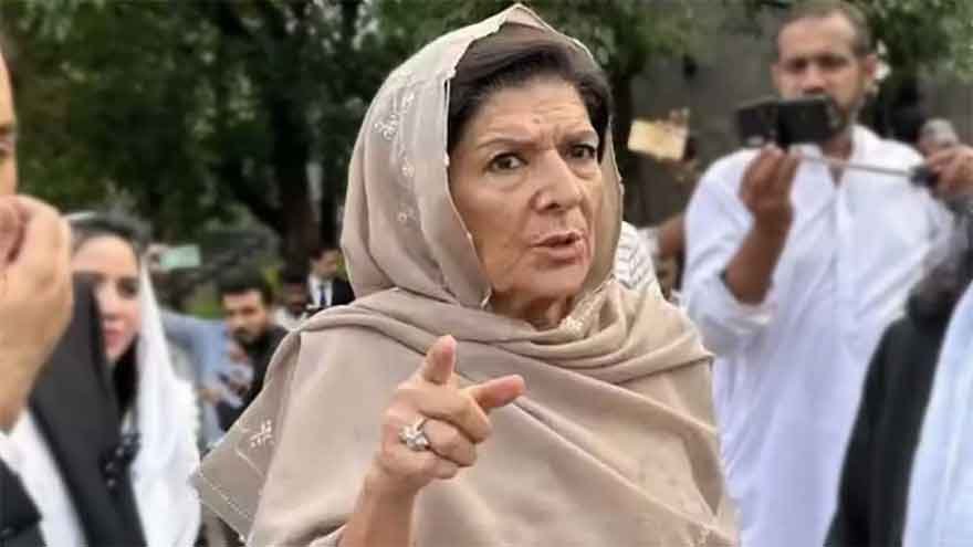 Aleema Khan, sister of PTI founder Imran Khan, speaking to media in Pakistan