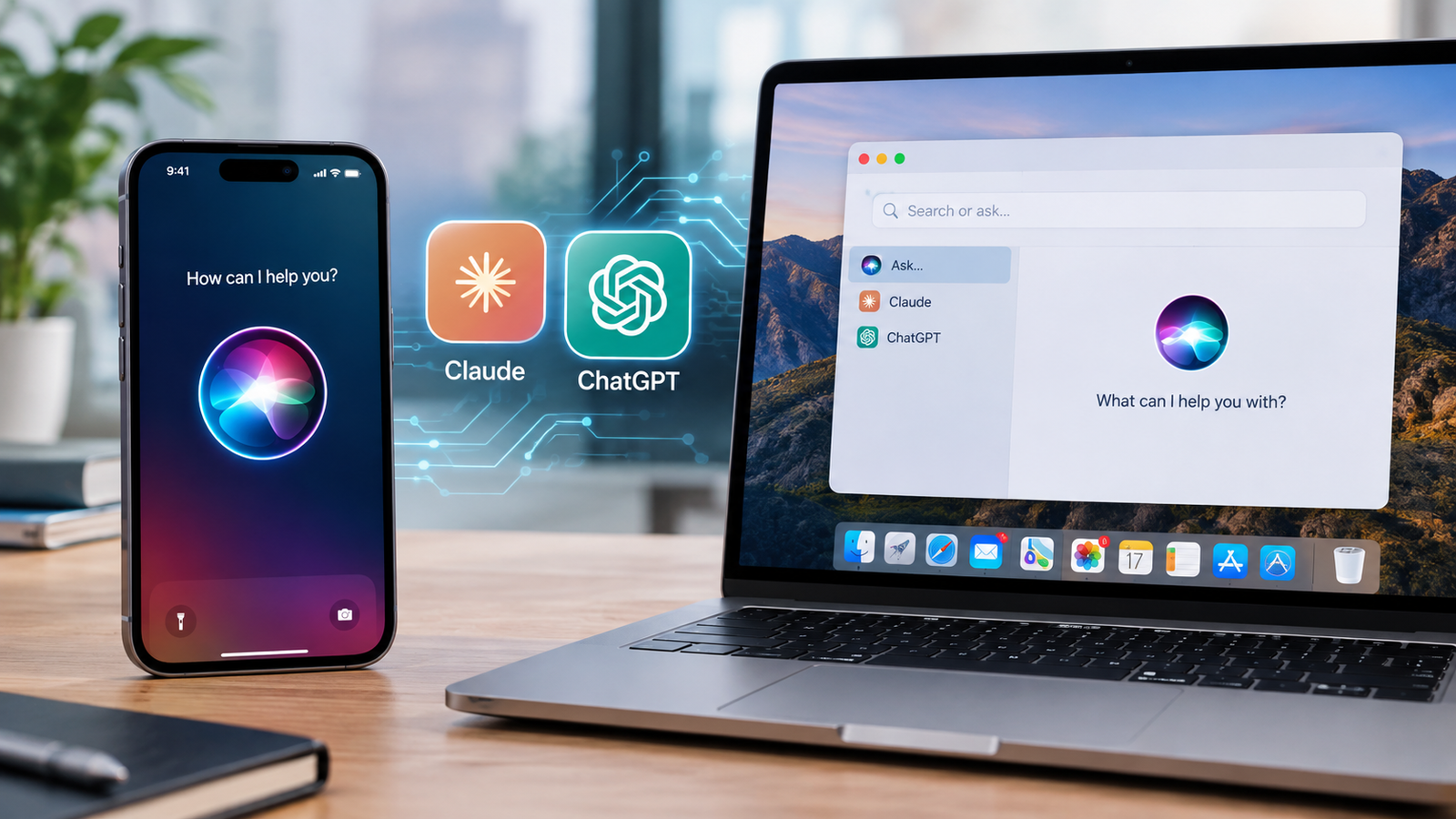 Apple Siri interface with conceptual Claude and ChatGPT AI integration on an iPhone and Mac