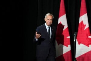 Canadian Prime Minister Mark Carney speaking about closer economic and strategic ties between Canada and the European Union