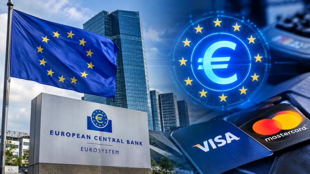 European digital euro concept showing the ECB, payment cards and European Union symbols