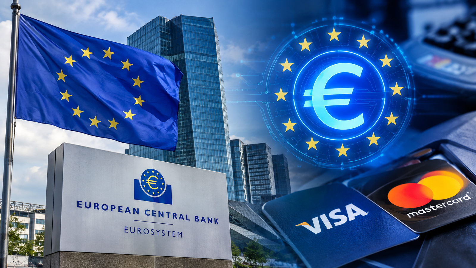 European digital euro concept showing the ECB, payment cards and European Union symbols