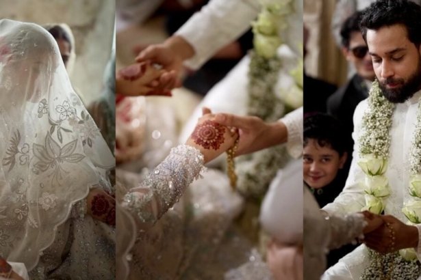 Bilal Abbas Khan dressed as a groom in a white sherwani during a Nikah-themed fashion photoshoot