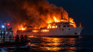 Five Dead, More Than 80 Missing After Ferry Fire Off Philippines’ Palawan Philippine Coast Guard rescue teams respond to a fire aboard the MV June Aster off Coron, Palawan