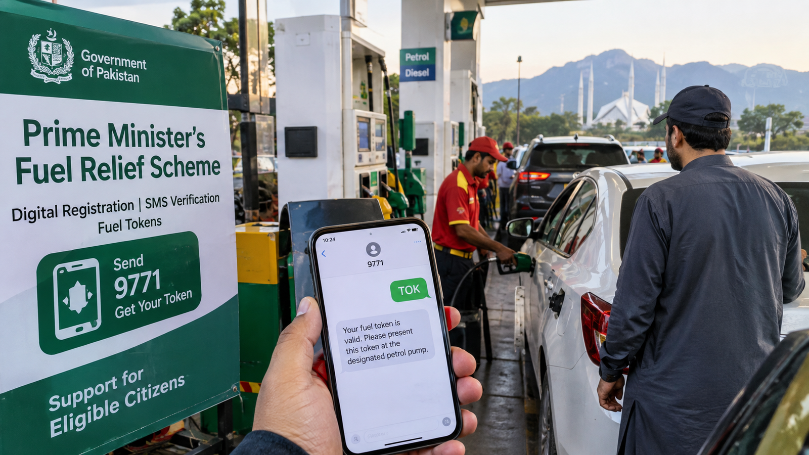 Eligible motorists use the 9771 digital fuel relief system to access subsidized petrol at a petrol pump in Islamabad.