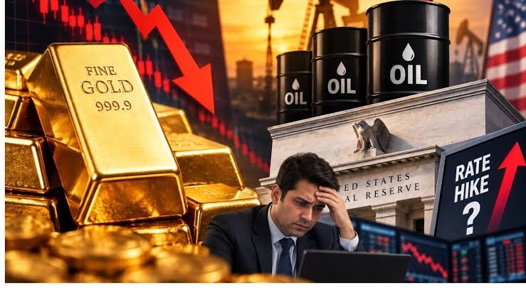 Gold bars and coins representing global market pressure as oil prices rise and U.S. rate hike expectations increase