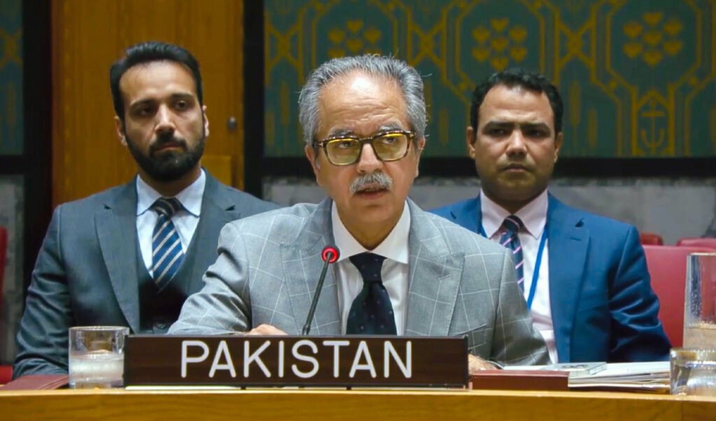 Pakistan’s UN Ambassador Asim Iftikhar Ahmad speaking at a United Nations Security Council session on the Yemen crisis