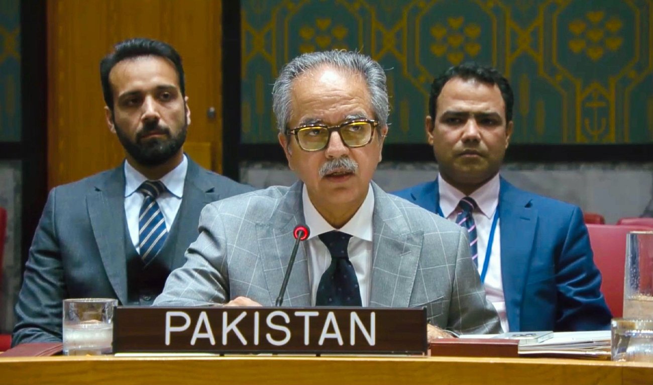 Pakistan’s UN Ambassador Asim Iftikhar Ahmad speaking at a United Nations Security Council session on the Yemen crisis
