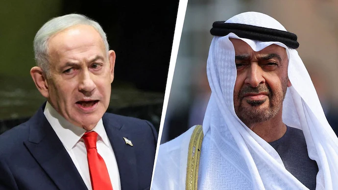Benjamin Netanyahu and UAE President Sheikh Mohammed bin Zayed during a diplomatic meeting in Abu Dhabi