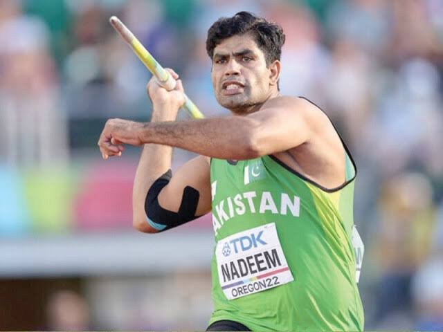 Olympic champion Arshad Nadeem competing in a javelin throw championship in Budapest