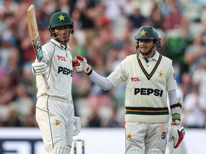 Pakistan debutant Razaullah celebrates after scoring 81 runs against England in the third Test at Edgbaston