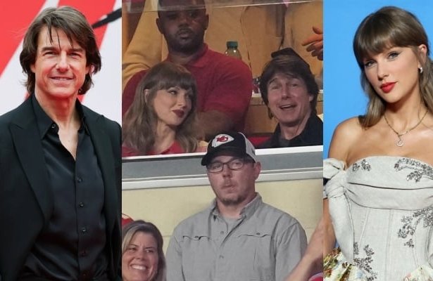 Tom Cruise and Taylor Swift talk during a Kansas City Chiefs game at Arrowhead Stadium