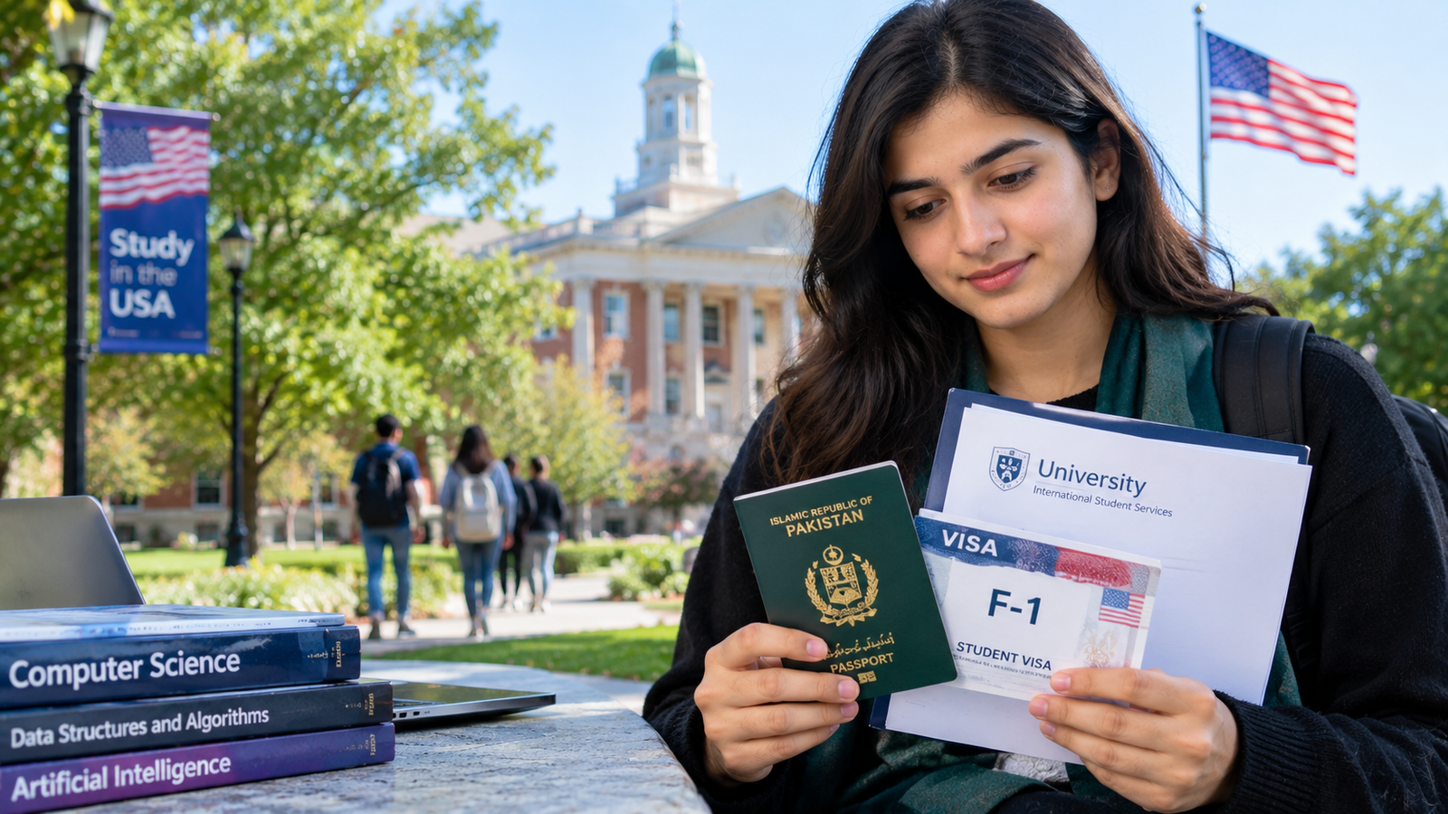 Pakistani student reviewing U.S. F-1 visa and university documents under new immigration rules