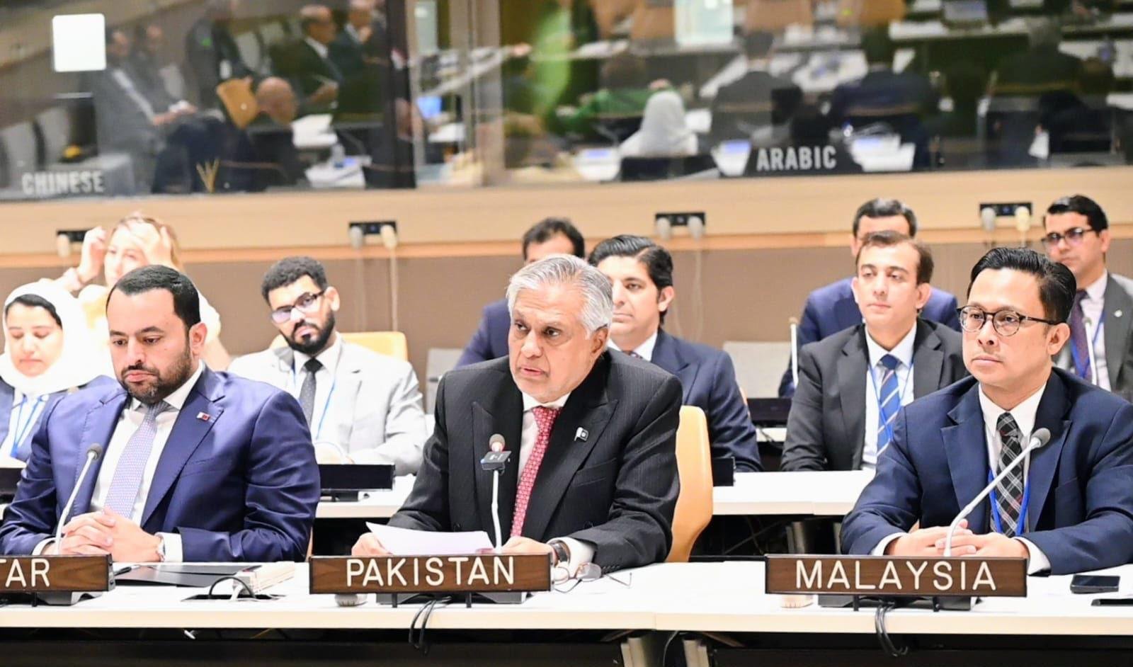 Ishaq Dar addresses the OIC Contact Group on Afghanistan during the UN General Assembly session in New York.