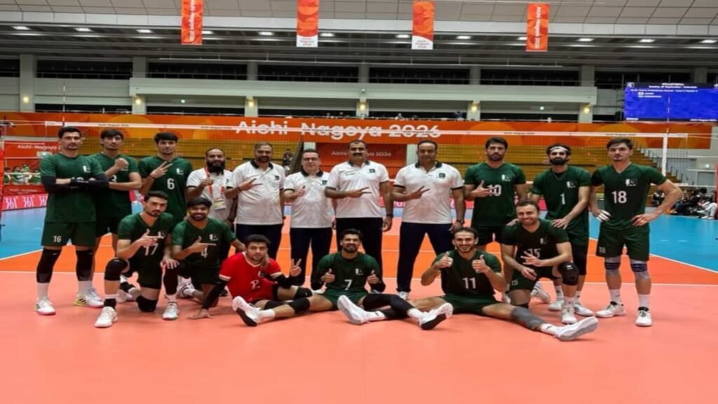 Pakistan volleyball team players celebrate after defeating Kazakhstan in their Asian Games 2026 Pool A opener