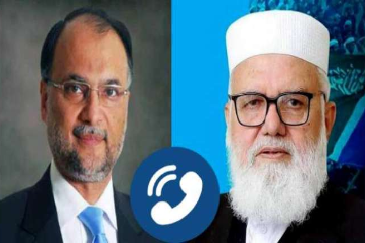 Ahsan Iqbal and Liaquat Baloch during government-Jamaat-e-Islami discussions in Pakistan