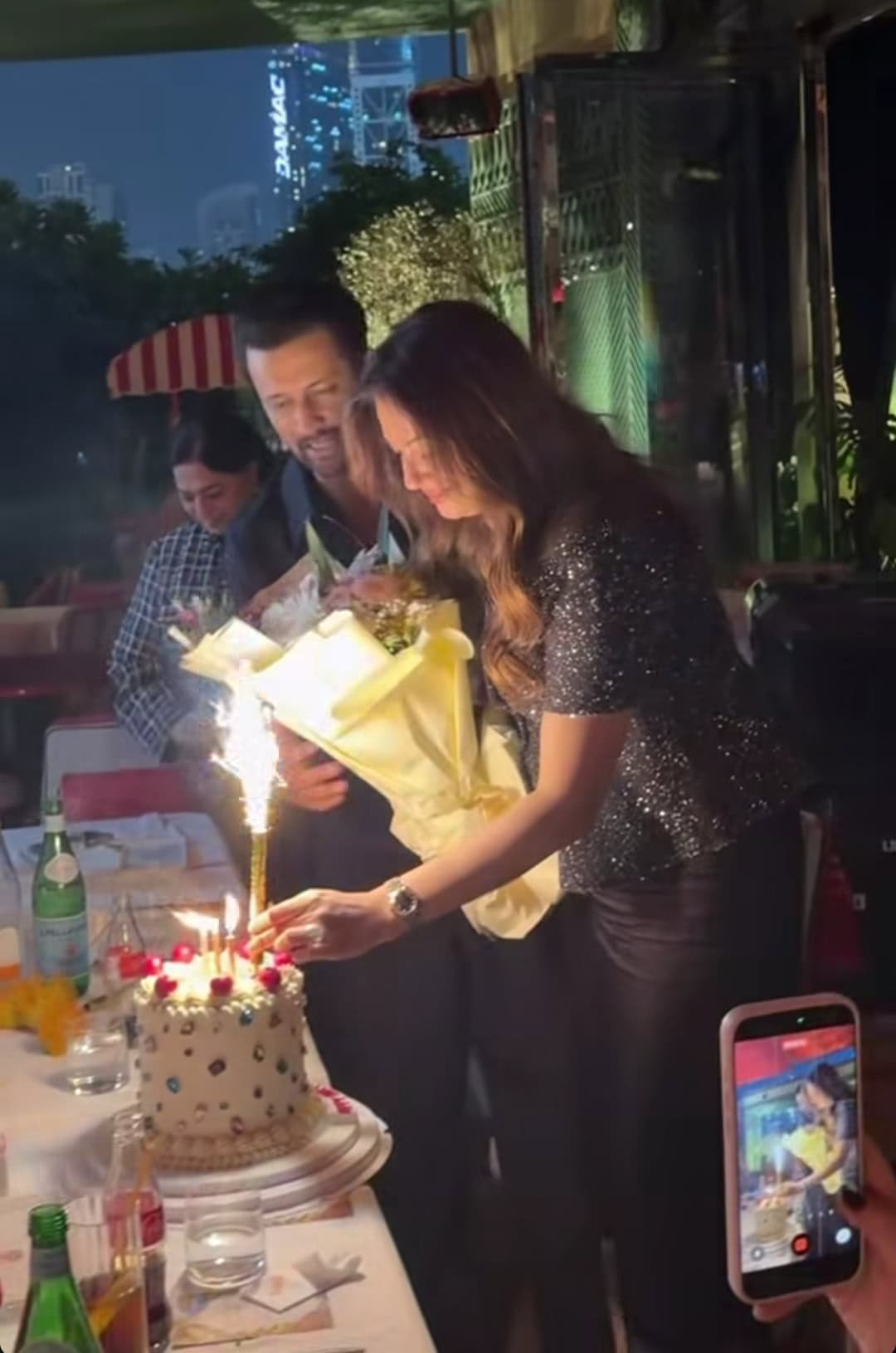 Atif Aslam and Sarah Bharwana celebrate her birthday at a luxury restaurant in Dubai with close friends.