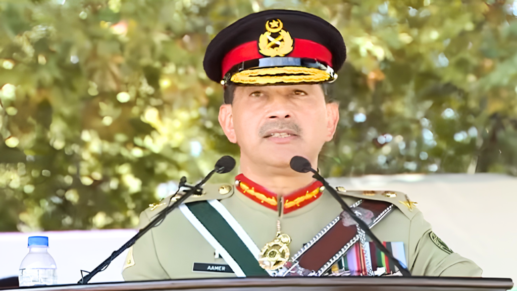 General Syed Aamir Raza addressing cadets at the Pakistan Military Academy Kakul passing-out parade.