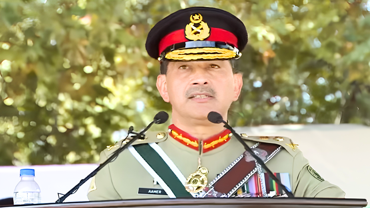 General Syed Aamir Raza addressing cadets at the Pakistan Military Academy Kakul passing-out parade.