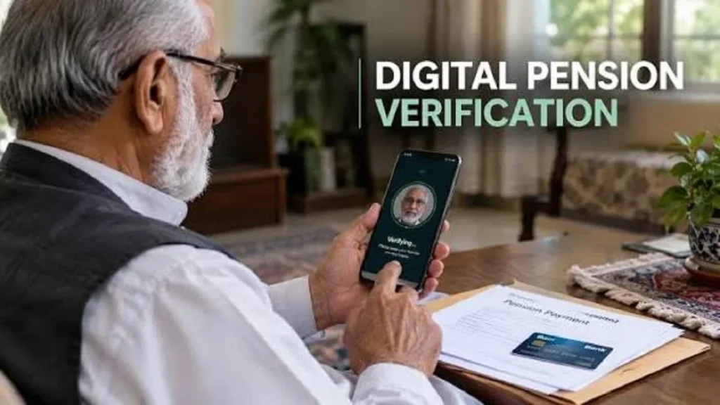 Senior Pakistani pensioner using a smartphone for home-based digital pension verification
