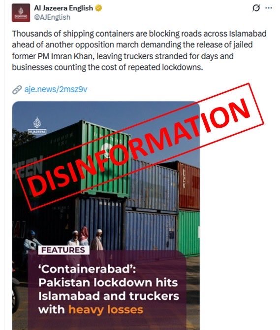 Security containers placed along a road in Islamabad as the Information Ministry says roads remain open
