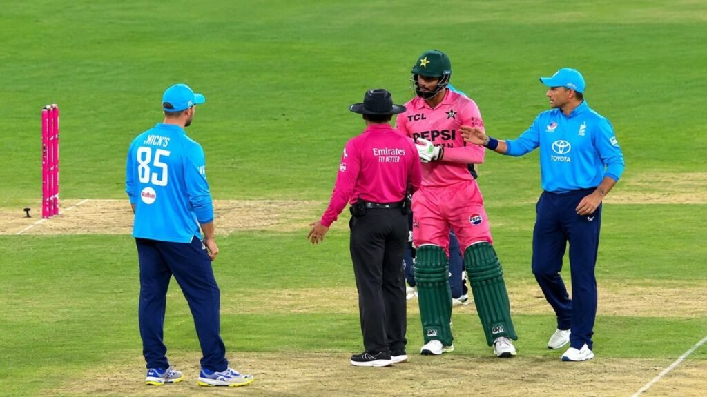 Haris Rauf during Pakistan's ODI against England in Lahore, where the Pakistan fast bowler was fined 20% of his match fee by the ICC.