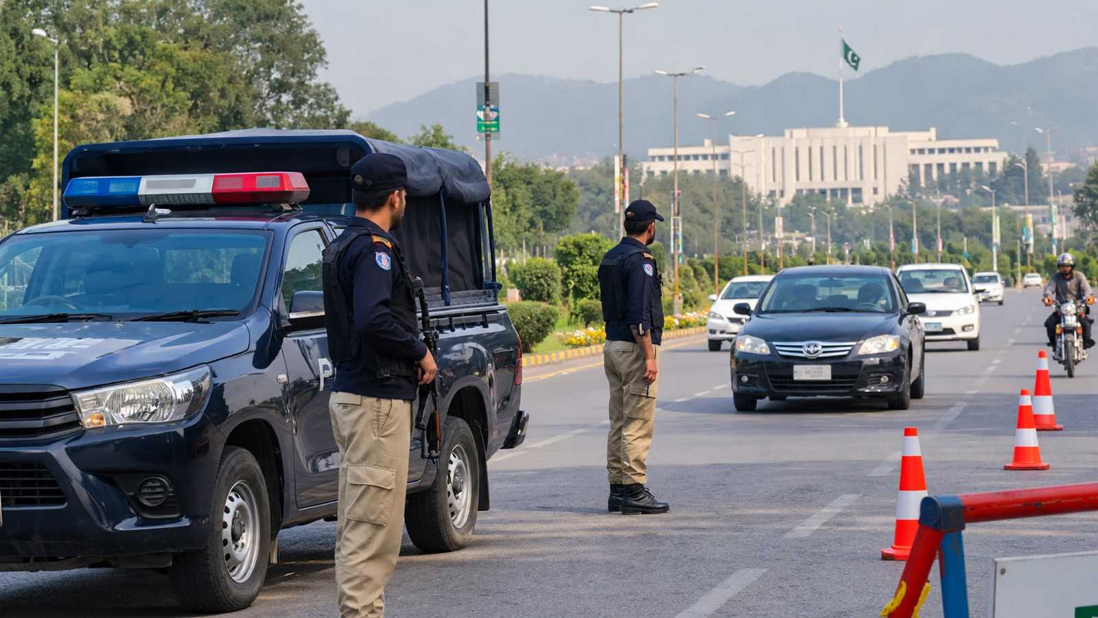 Pakistani police personnel on duty in Islamabad amid reports of possible transfers of wanted PTI leaders to the federal capital.