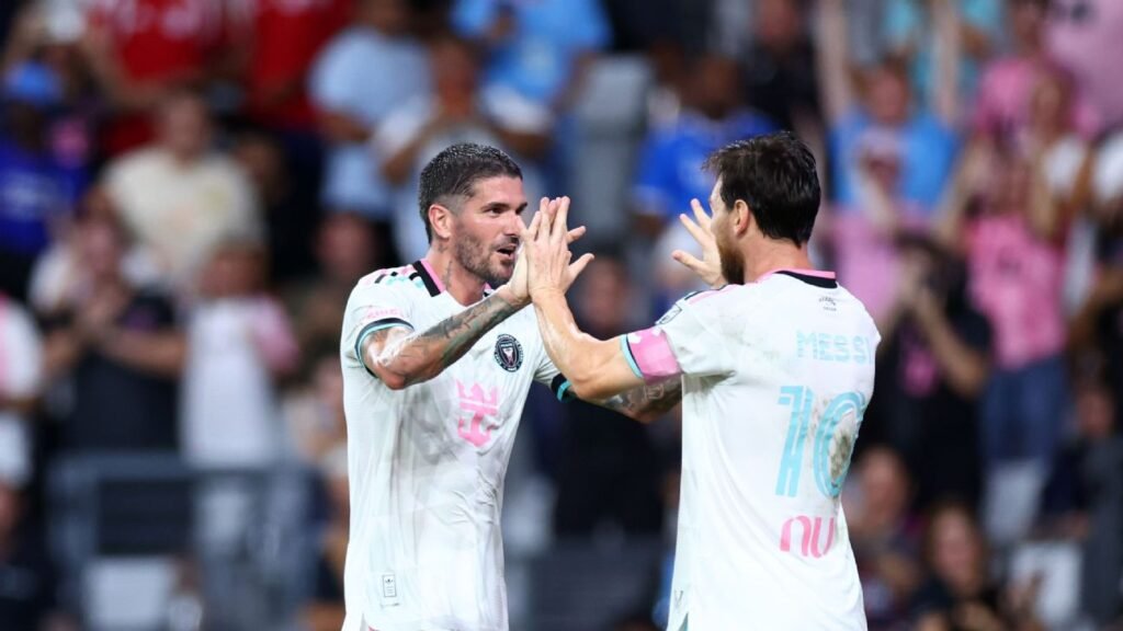 Lionel Messi celebrates with Inter Miami teammates during their 2-0 MLS victory over New York City FC.