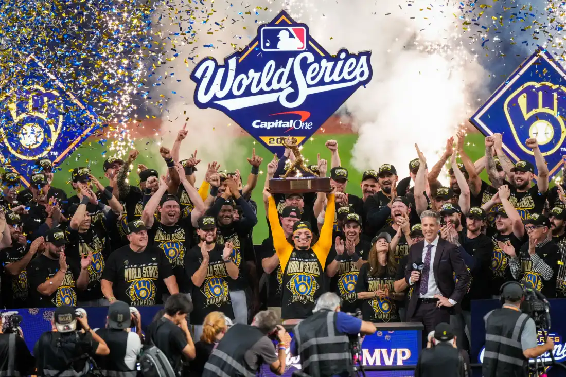 Milwaukee Brewers players celebrate their reported first World Series championship after defeating the Tampa Bay Rays at Tropicana Field in St. Petersburg, Florida.