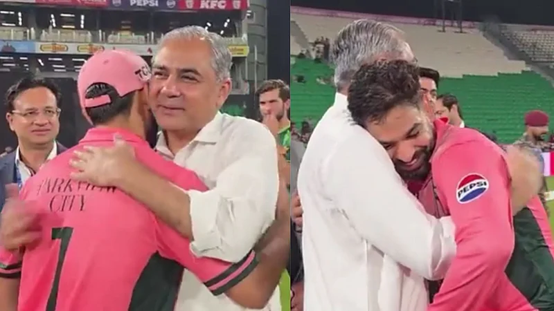 PCB Chairman Mohsin Naqvi congratulates Pakistan cricketers Haris Rauf and Shadab Khan after the team's victory over England.