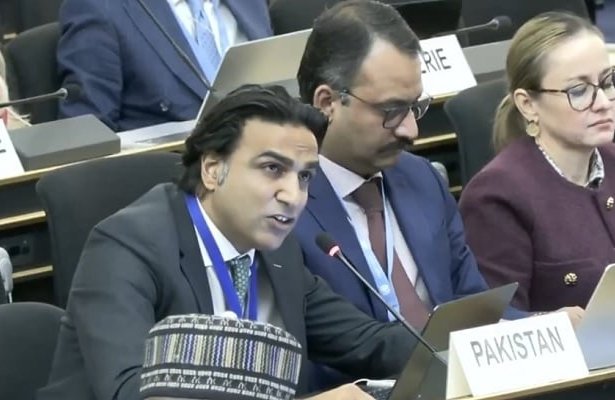 Pakistan First Secretary Adeel Mumtaz Khokhar addresses the UN Human Rights Council in Geneva on shared water resources.