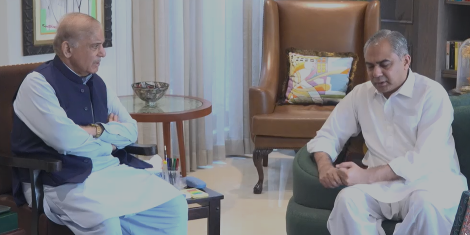 Prime Minister Shehbaz Sharif meets Interior Minister Mohsin Naqvi at his Lahore residence