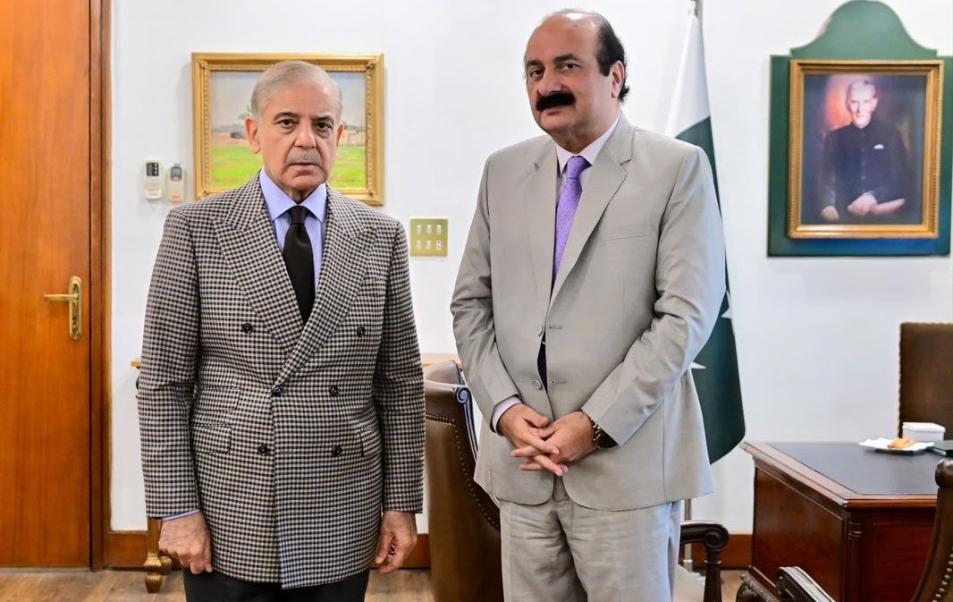 Prime Minister Shehbaz Sharif meets Rana Mashood Ahmed Khan, chairman of the Prime Minister’s Youth Programme, in Islamabad on Oct. 14, 2026.