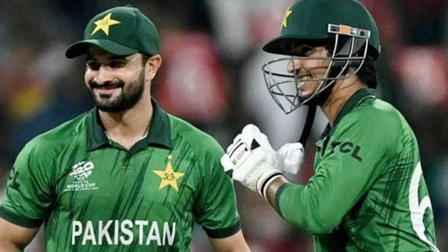 Pakistan cricket players celebrate after defeating Bangladesh in the Asian Games 2026 men’s cricket semifinal in Nisshin, Japan